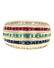 5 Row Sapphire, Emerald, Ruby, and Diamond Tapered Ring in Yellow Gold